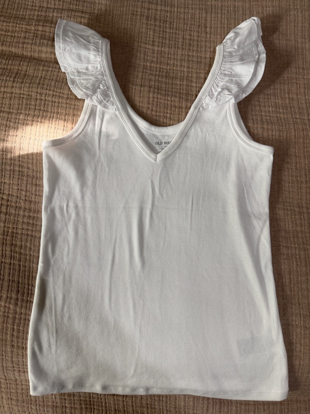 Old Navy White Ruffle Strap Ribbed V-Neck Tank